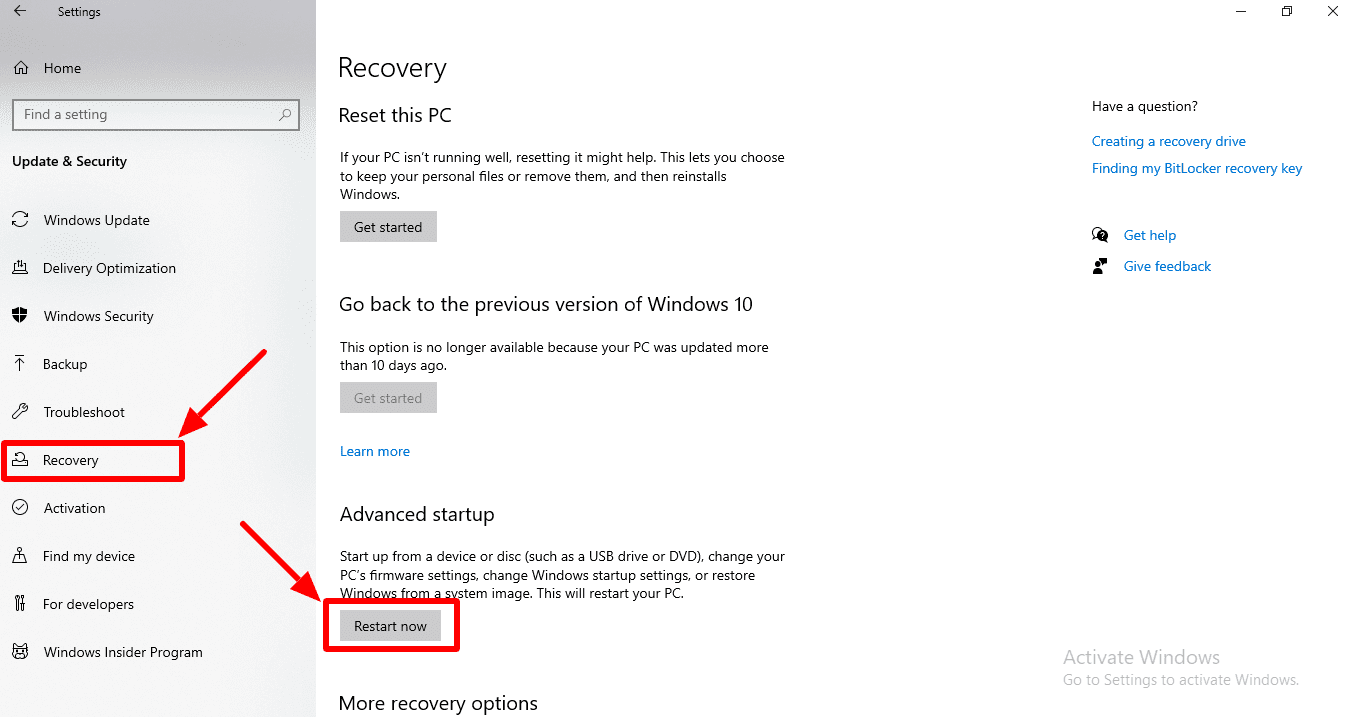  windows 10 bios-Recovery and restart now