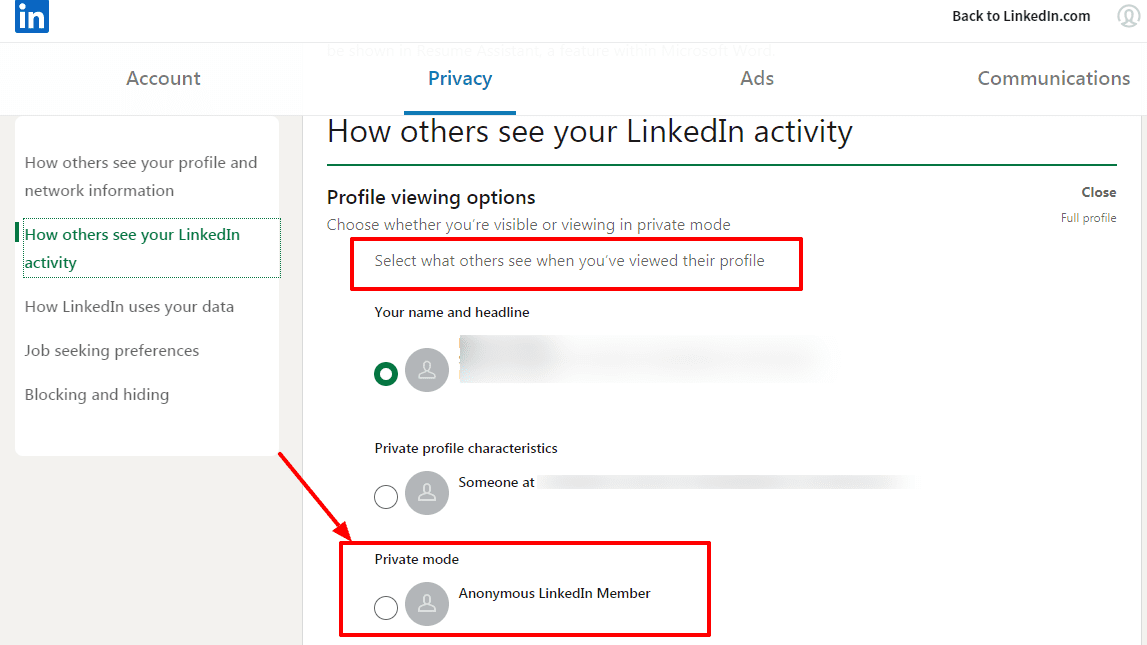 Linkedin Private Mode- how others see your linkedIn activity 